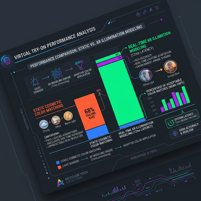 Data visualization comparing static cosmetic color matching failure rates against 12ms real-time AR illumination modeling.