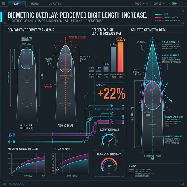 Biometric diagram overlay demonstrating the 22 percent perceived digit elongation effect of tapered nail shapes.